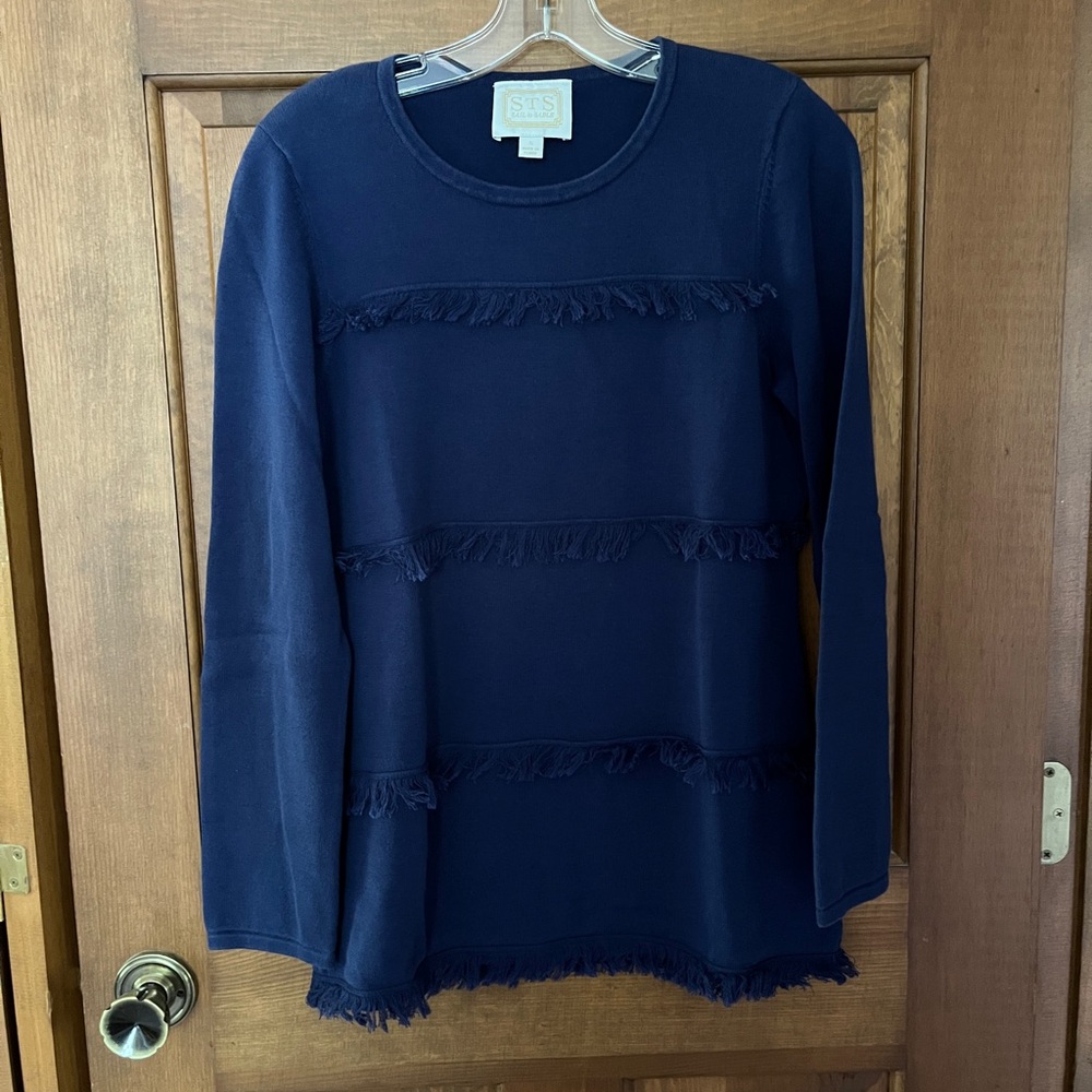 Sail to Sable Navy Fringe-Trim Crewneck Sweatshirt